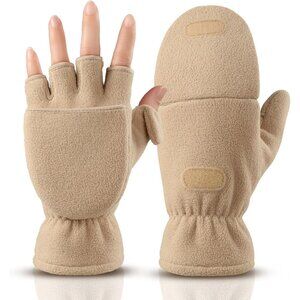 Gloves Fingerless Convertible Mitten Thermal Polar Fleece Insulated Apricot